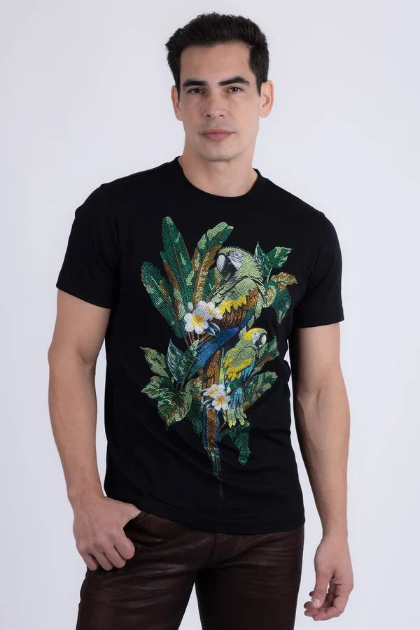 Barabas Herren T-Shirt Laurent Tropical Iguana mit Strasssteinen - Schwarz
