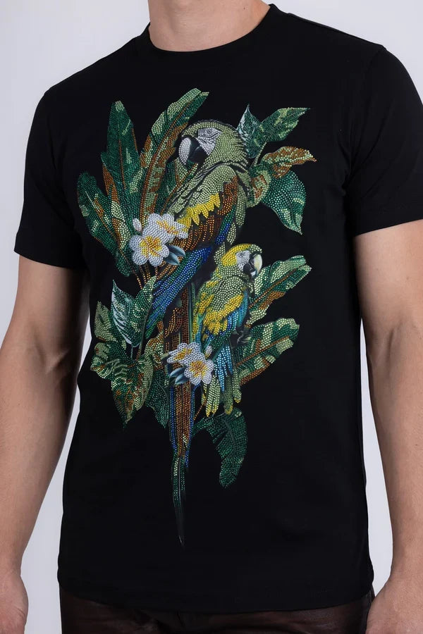 Barabas Herren T-Shirt Laurent Tropical Iguana mit Strasssteinen - Schwarz