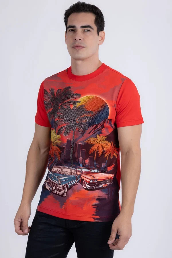 Barabas Herren Miami Classic Cars Strass-T-Shirt - Rot