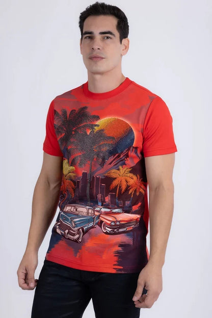 Barabas Herren Miami Classic Cars Strass-T-Shirt - Rot