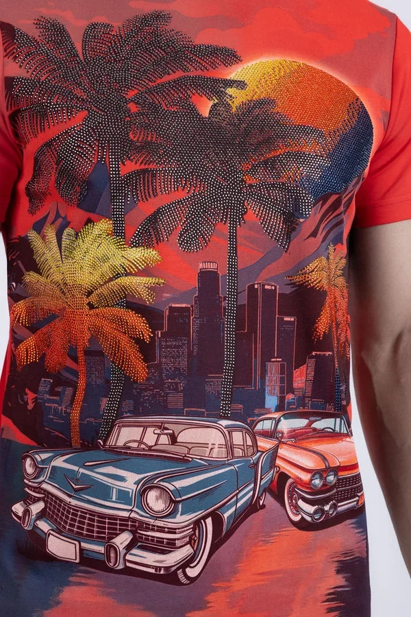 Barabas Herren Miami Classic Cars Strass-T-Shirt - Rot