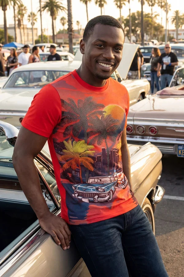 Barabas Herren Miami Classic Cars Strass-T-Shirt - Rot