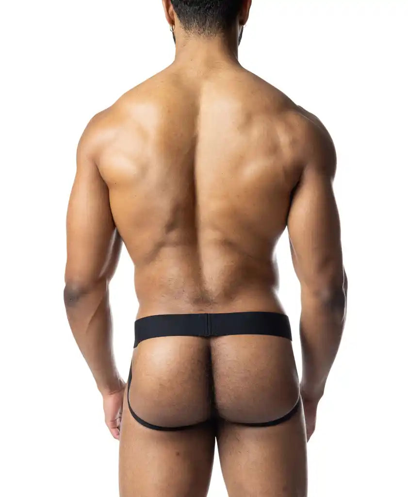 Black barbed wire jockstrap with a narrow waistband and leg openings designed for athletic support