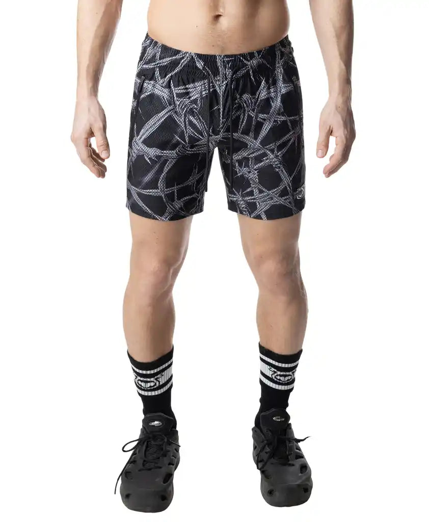 Black barbed wire rugby short featuring a white rope-like pattern ideal for sports and casual wear