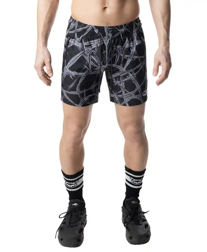 Black barbed wire rugby short featuring a white rope-like pattern ideal for sports and casual wear