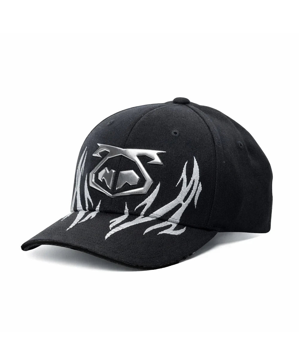 Black barbed wire snout cap featuring a silver metallic logo and flame-like embroidery on the front