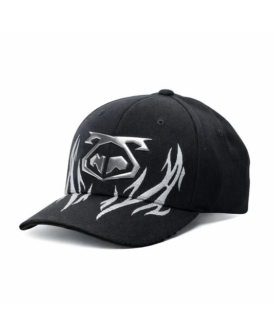 Black barbed wire snout cap featuring a silver metallic logo and flame-like embroidery on the front