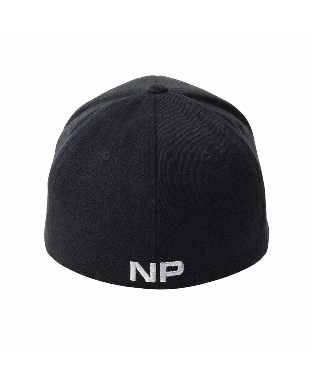 Black fitted barbed wire snout cap showing back with white embroidered np logo on cotton fabric