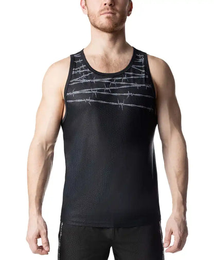 Black athletic tank top with subtle silver barbed wire pattern across the chest for active wear
