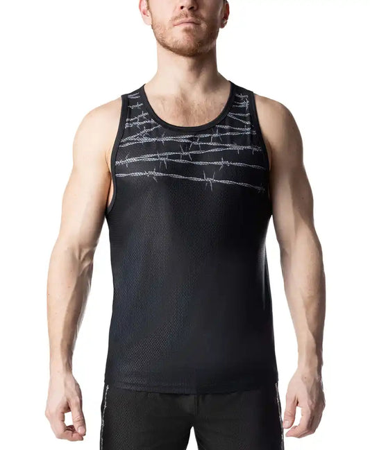 Black athletic tank top with subtle silver barbed wire pattern across the chest for active wear