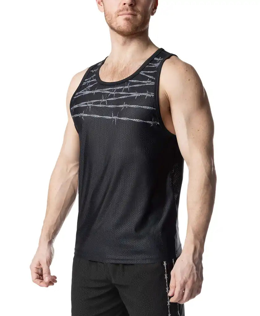 Black athletic tank top with subtle silver barbed wire pattern across the chest and side seam detailing