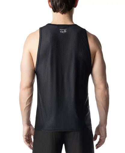 Black mesh barbed wire tank top with small white logo at neckline for athletic and casual wear