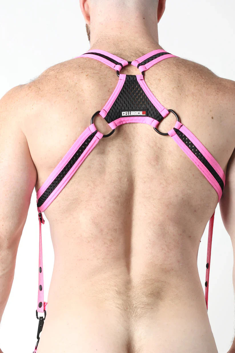 Bare mesh 2.0 mesh harness in pink and black mesh with adjustable straps and metal rings shown from the back