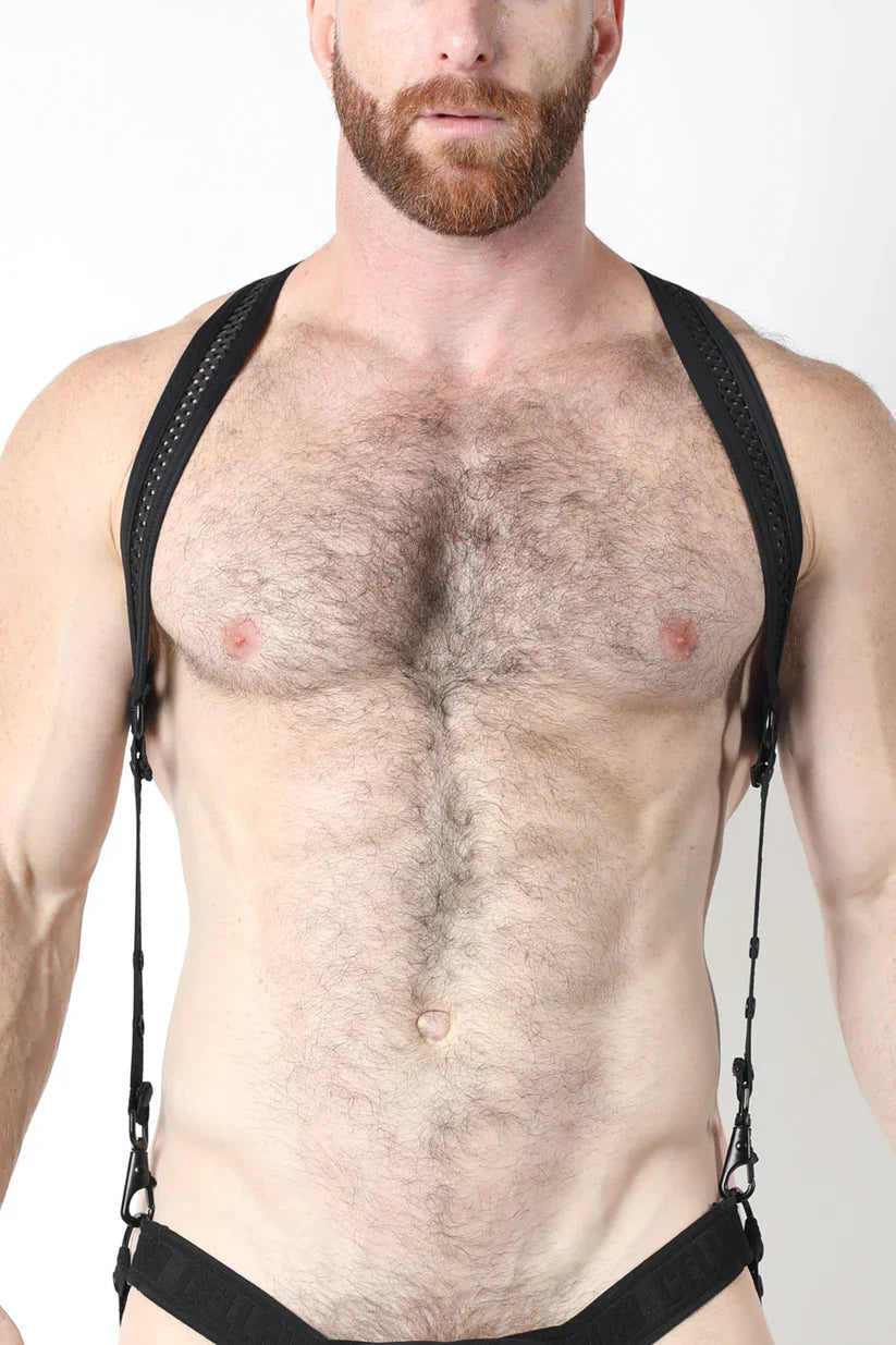 Bare mesh 2.0 mesh harness made of black mesh and leather suspenders with adjustable straps shown from the back side