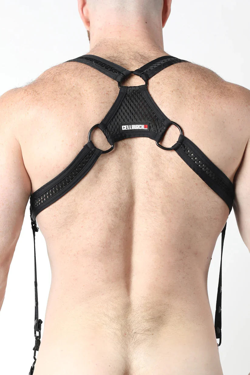 Black mesh and strap harness with metal rings branded cellbioch on central panel bare mesh 2.0 mesh harness