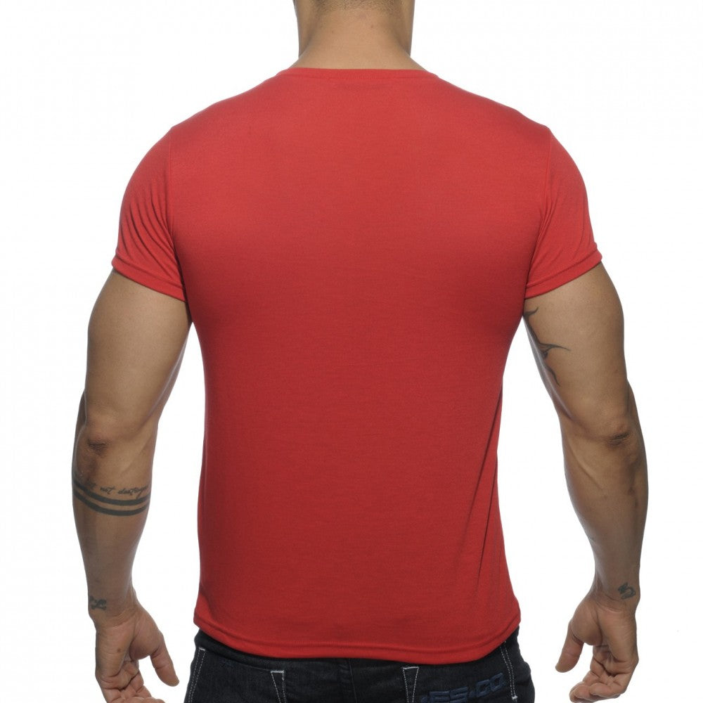 Red short-sleeved crew neck t-shirt shown from the back in a basic v-neck t-shirt product image