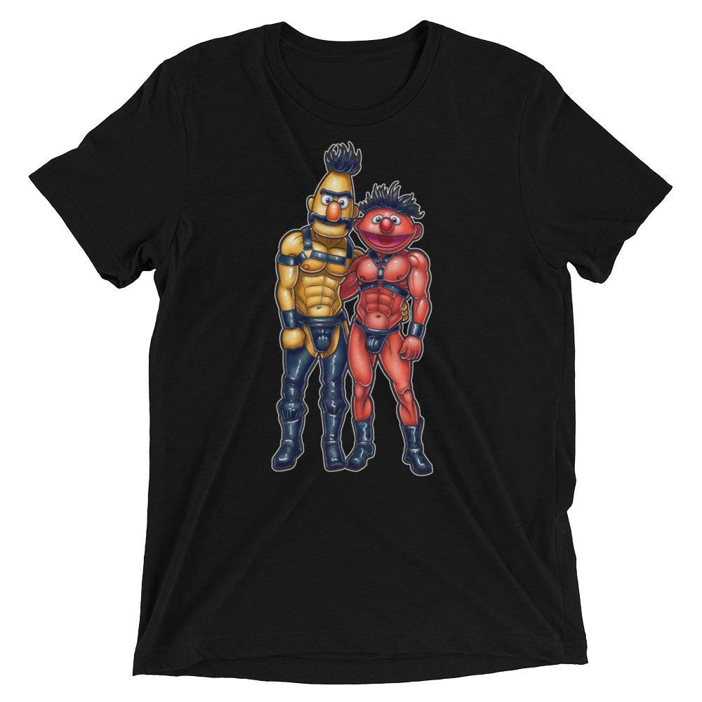 Black short-sleeved cotton t-shirt featuring colorful graphic of two muscular muppet characters athletic poses bathtub buddies
