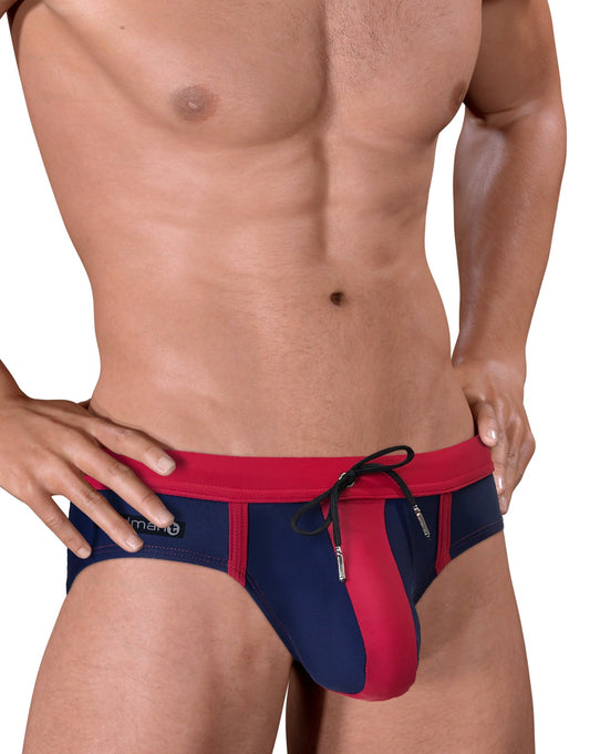 Navy blue and red swim pouch briefs with a drawstring waistband and a centered contrast panel.