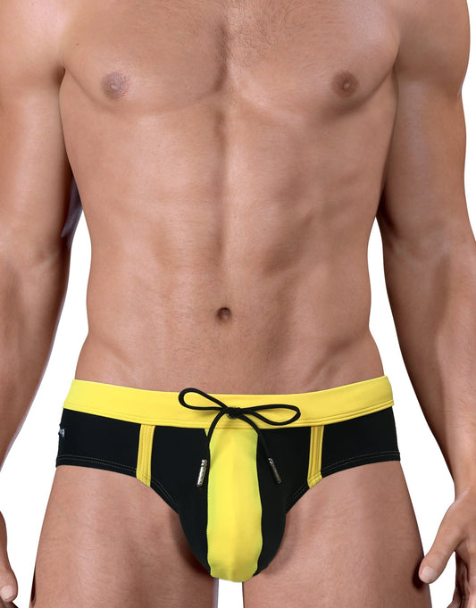 Moby Big Boy Pouch swim brief in black with yellow accents, featuring a front center pouch and adjustable drawstring.