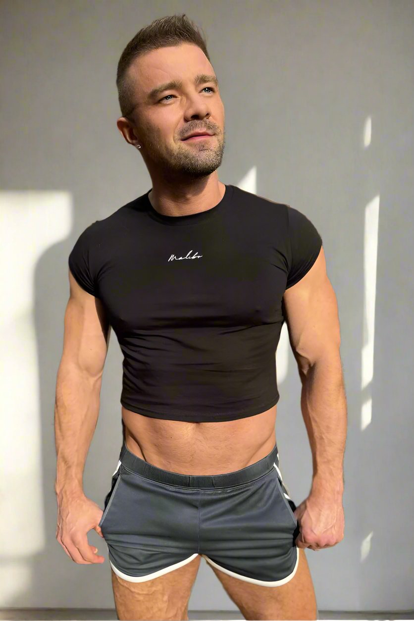 JJ Malibu Men's Muscle-Fit Crop Half-Sleeve Tee - Black