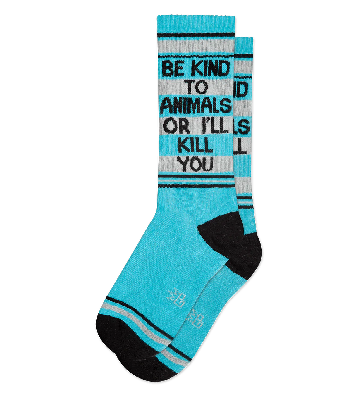 Turquoise and black striped crew socks with bold be kind to animals or ill kill you message in black text