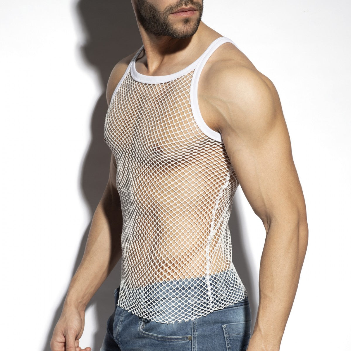White mesh beachy net strap tank top with solid white trim ideal for casual summer wear