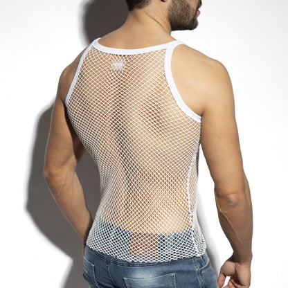 White mesh BEACHY NET strap tank top with white trim and small logo at the neckline suitable for casual wear