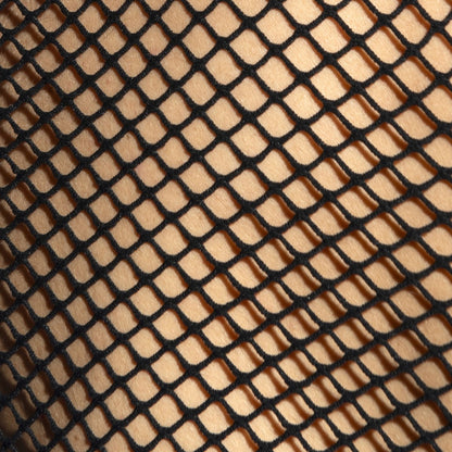 Black fishnet fabric with diamond mesh pattern used in beachy net strap tank top material close up