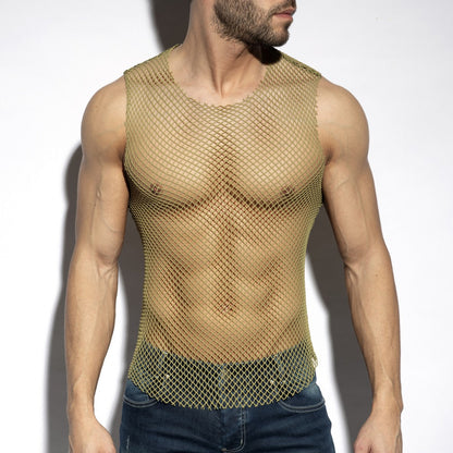 Beachy net tank top gold-toned mesh sleeveless fitted design with rounded neckline perfect for summer wear