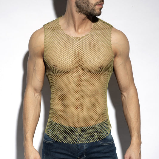 Beachy net tank top gold-toned mesh sleeveless fitted design with rounded neckline perfect for summer wear