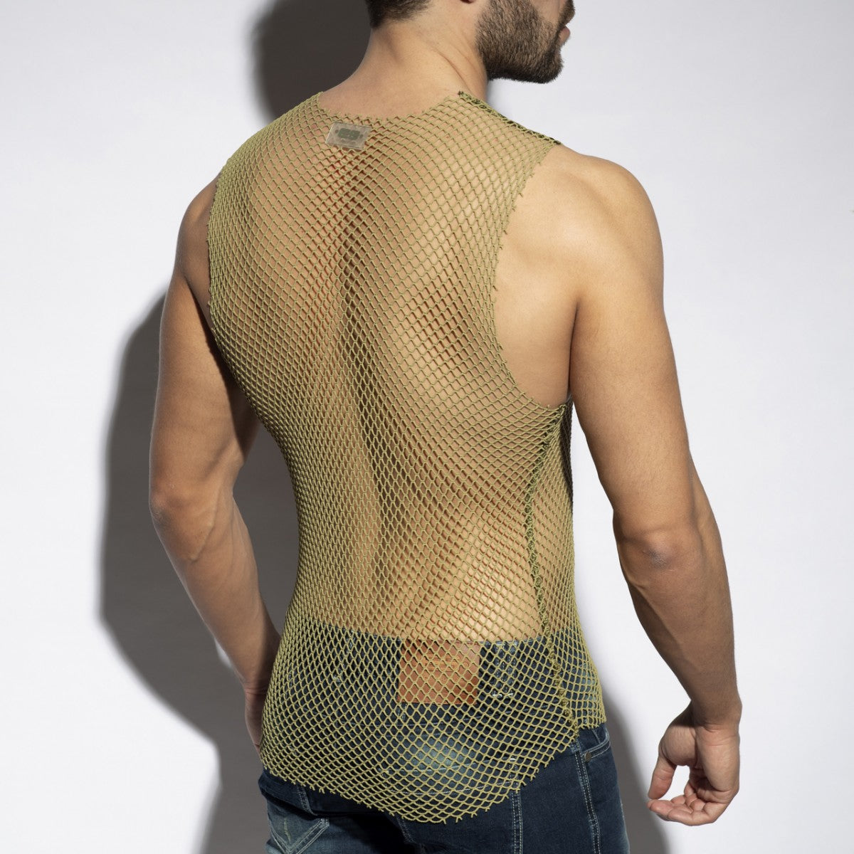 Beachy net tank top tan mesh fitted sleeveless design with slightly curved hemline for casual wear
