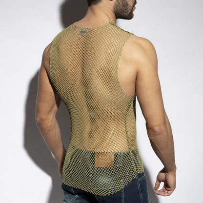 Beachy net tank top tan mesh fitted sleeveless design with slightly curved hemline for casual wear