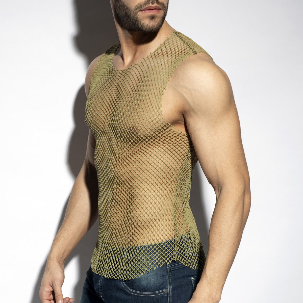 Olive green mesh beachy net tank top made of breathable material perfect for casual summer wear