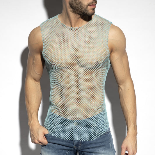 Light blue mesh sleeveless beachy net tank top with round neckline and scalloped hem for summer wear