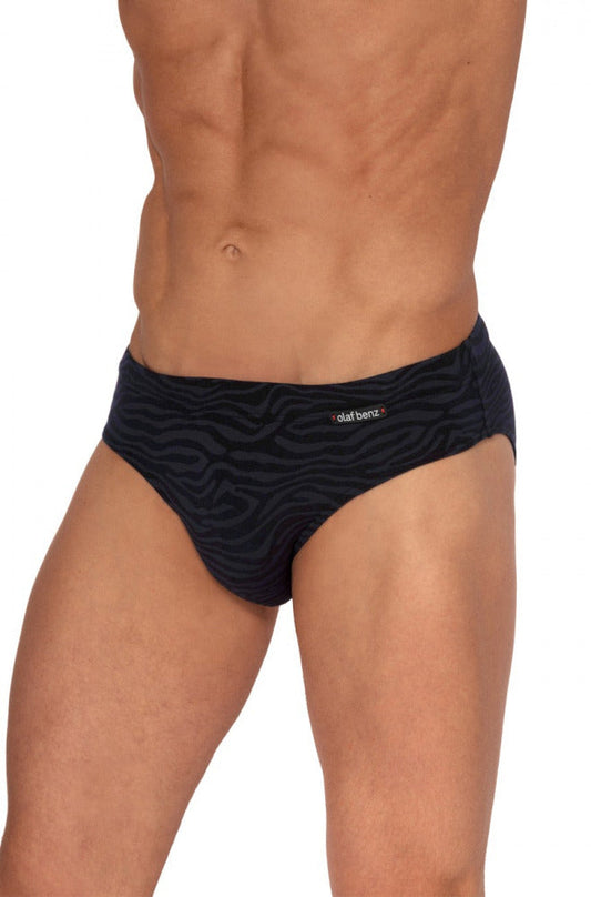 Black Olaf Benz beach brief swimwear with a subtle tonal zebra pattern on a person.