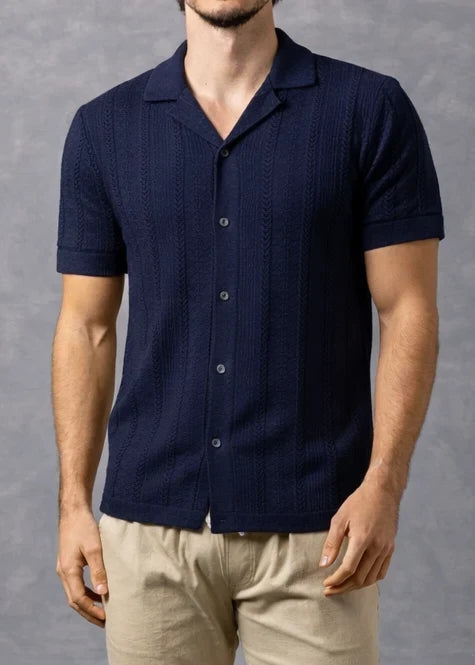 Bespoke Moda Herren-Strickhemd mit Zopfmuster, kurzarm – Marineblau