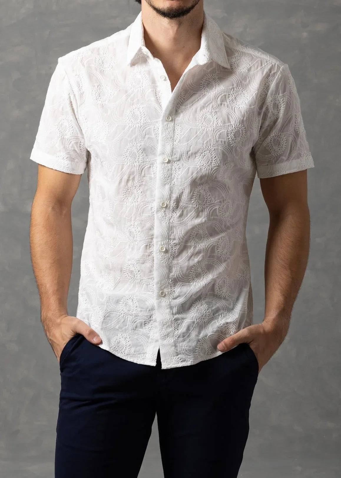 Bespoke Moda Men's Embroidered Textured S/S Shirt - White