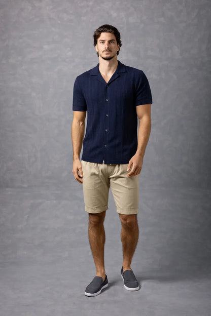 Bespoke Moda Herren-Strickhemd mit Zopfmuster, kurzarm – Marineblau