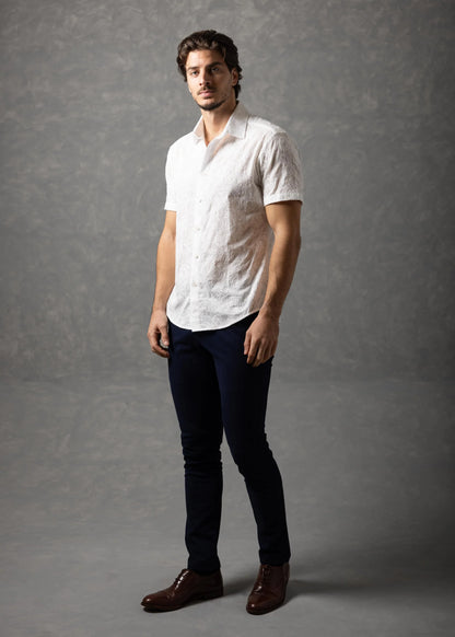 Bespoke Moda Men's Embroidered Textured S/S Shirt - White