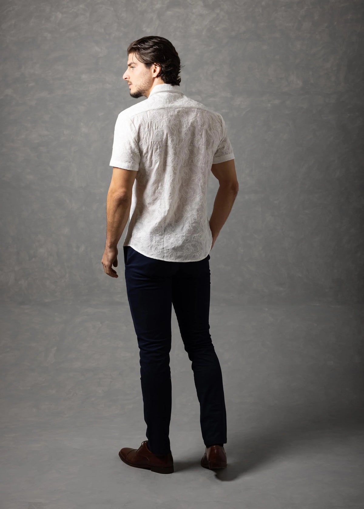 Bespoke Moda Men's Embroidered Textured S/S Shirt - White