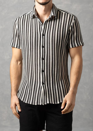 Bespoke Moda Herren-Kurzarmhemd mit strukturierter Streifenoptik - Schwarz