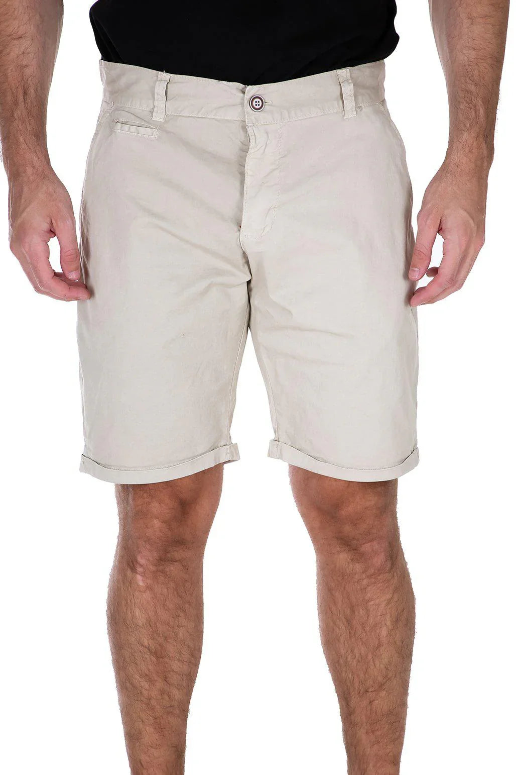 Front view of cream-colored cotton shorts featuring belt loops, a button fly, and rolled cuffs.