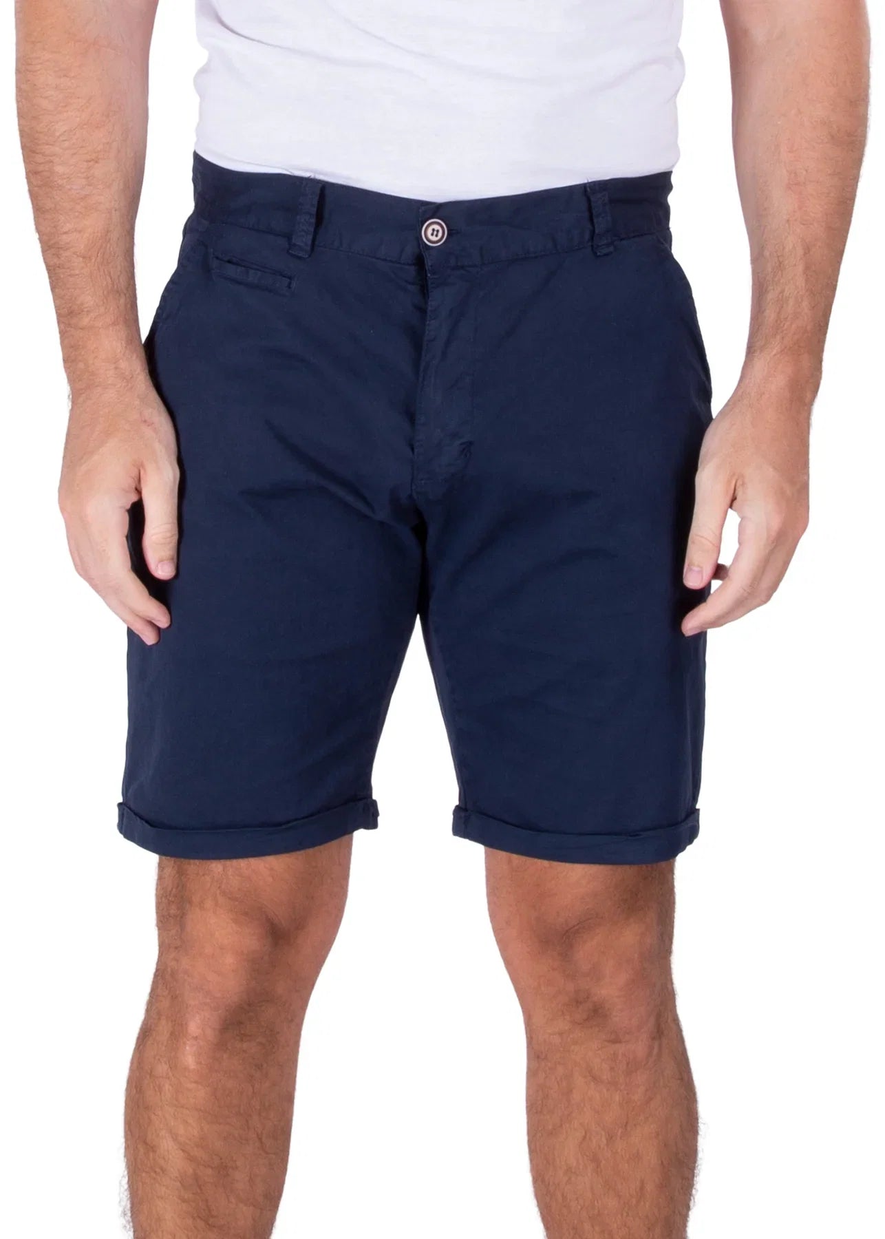 Navy blue cotton shorts with a cuffed hem, button closure, and belt loops, viewed from the front.