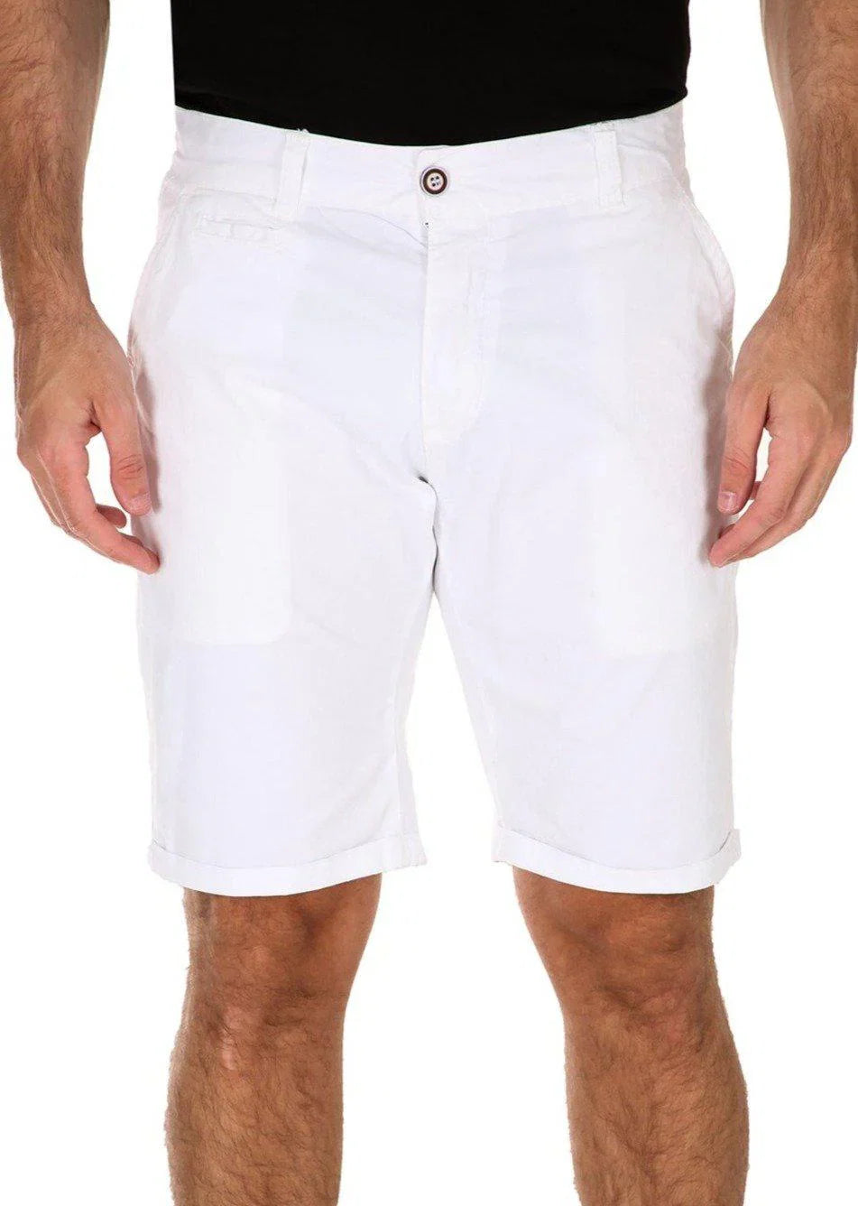 White cotton shorts with a cuffed hem and button closure, shown from the front.