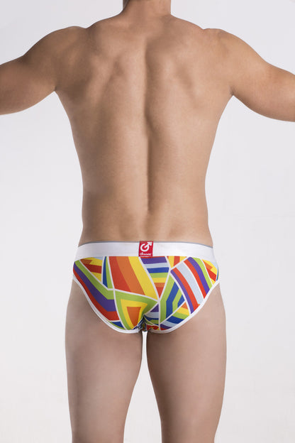 Groovin underwear prism hip brief bfp1701 with vibrant rainbow geometric pattern and white elastic waistband