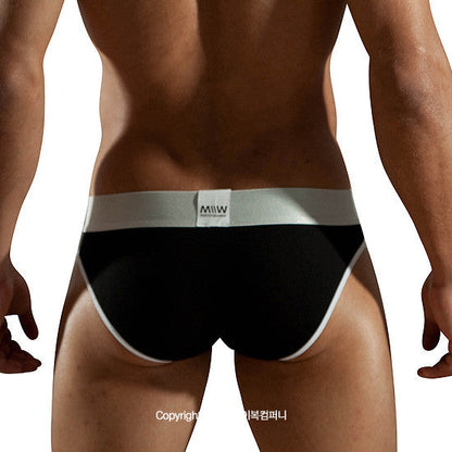Black briefs with white waistband and trim featuring miw logo metroMalewear perfect scene hip brief black 1003-20