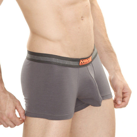 Gray cotton men’s boxer briefs with black waistband white stripes and orange milk label metroMaleWear charcoal 3013-11