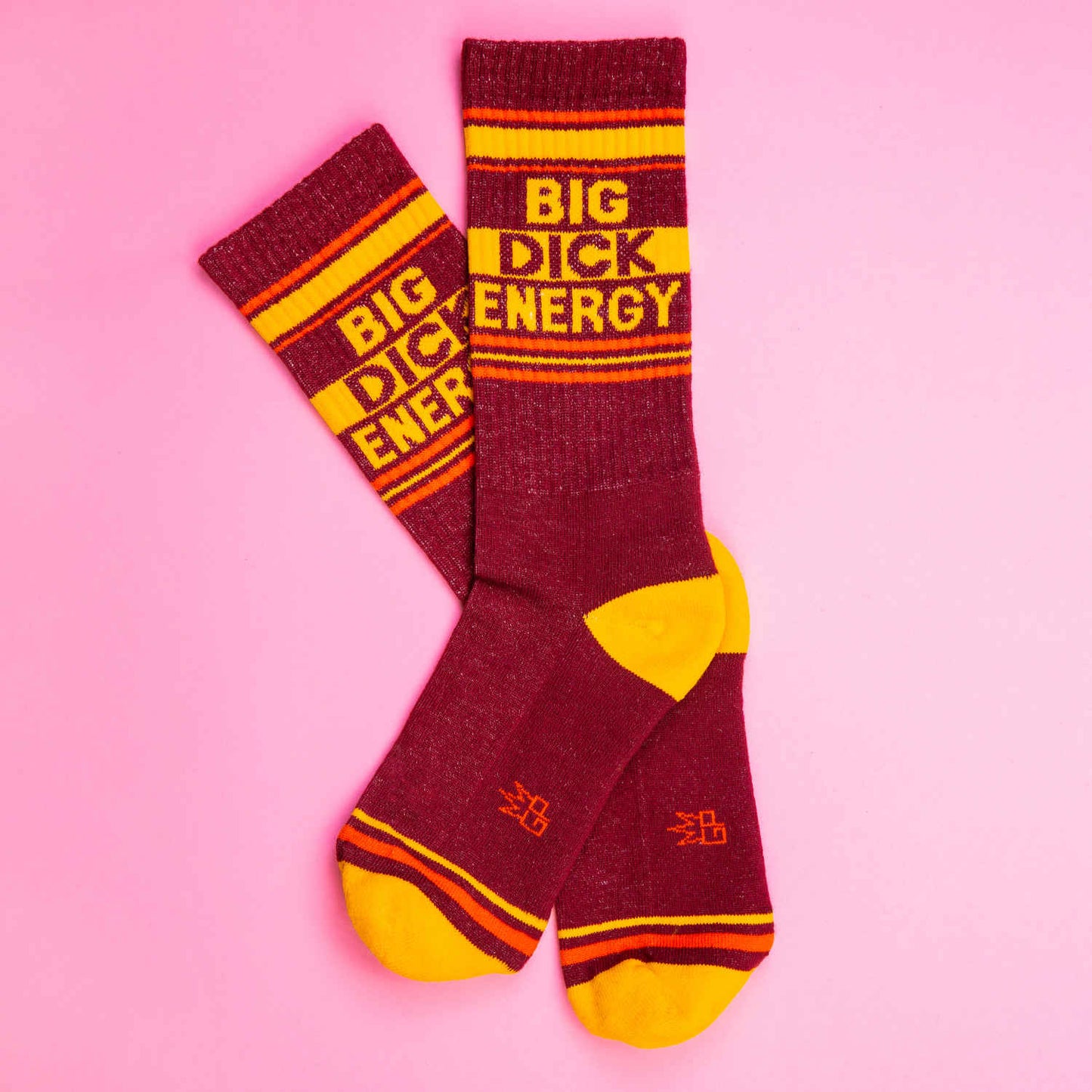 Maroon and yellow big dick energy crew socks with orange stripes designed for comfortable everyday wear