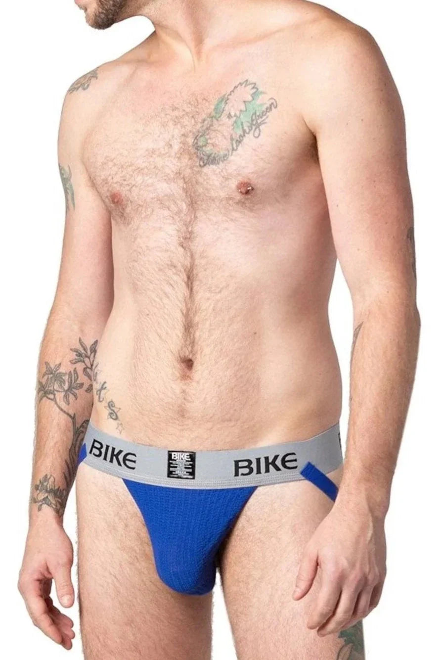 Blue bike briefs with gray waistband featuring black bike lettering in the bike classic jockstrap design