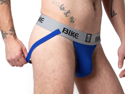 Blue bike classic jockstrap with gray waistband featuring black lettering designed for athletic support